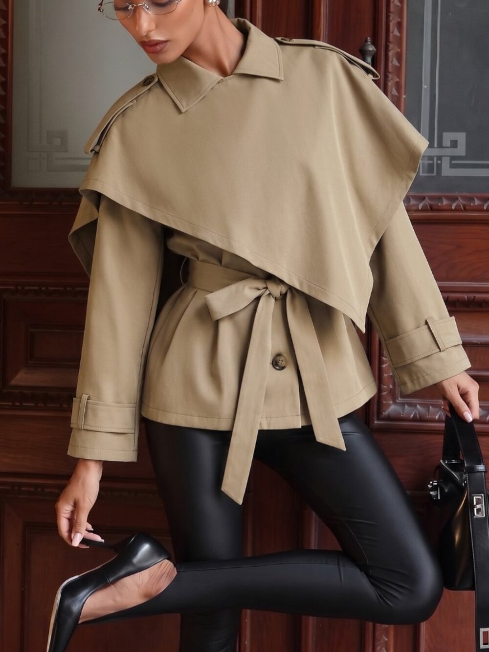 Khaki Elegant Women's Asymmetrical Batwing Long Trench Coat